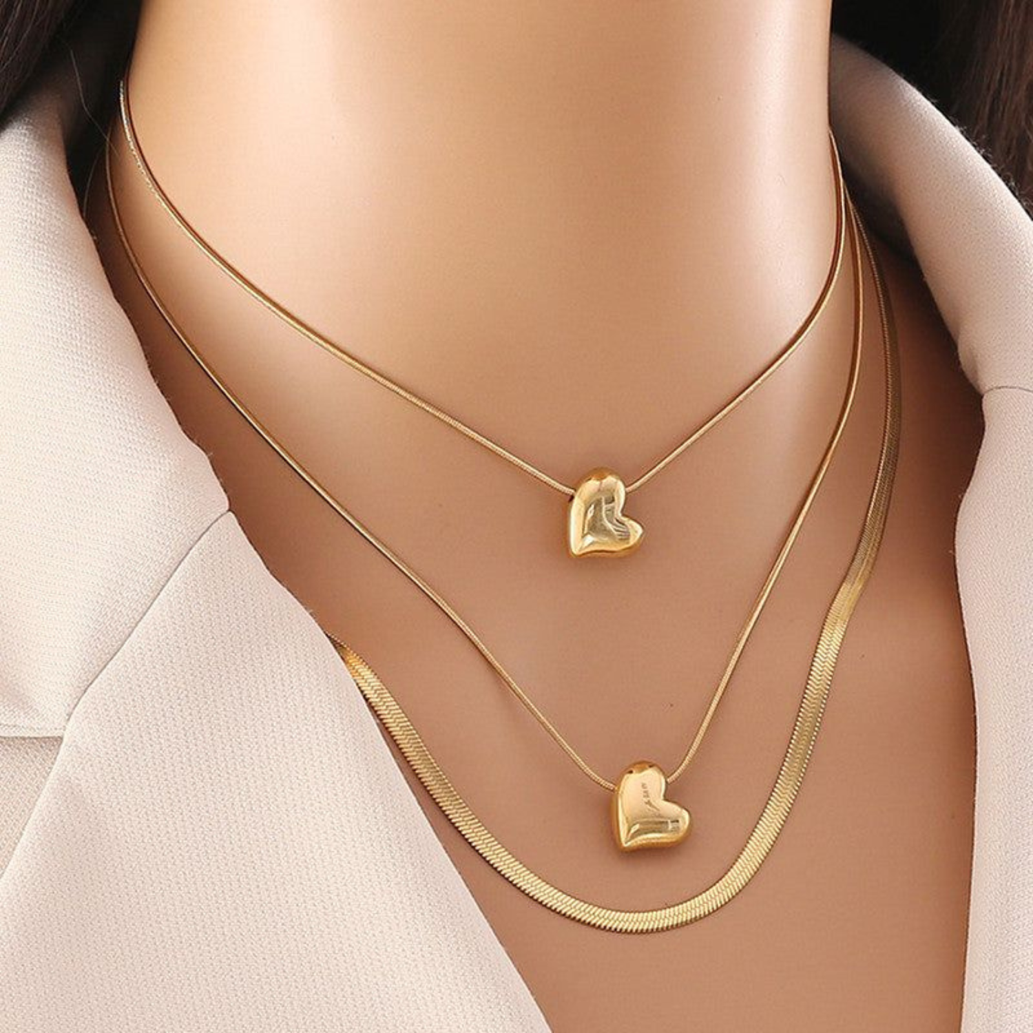 Gold plated anti tarnish layered heart and snake chain necklace - Image 2