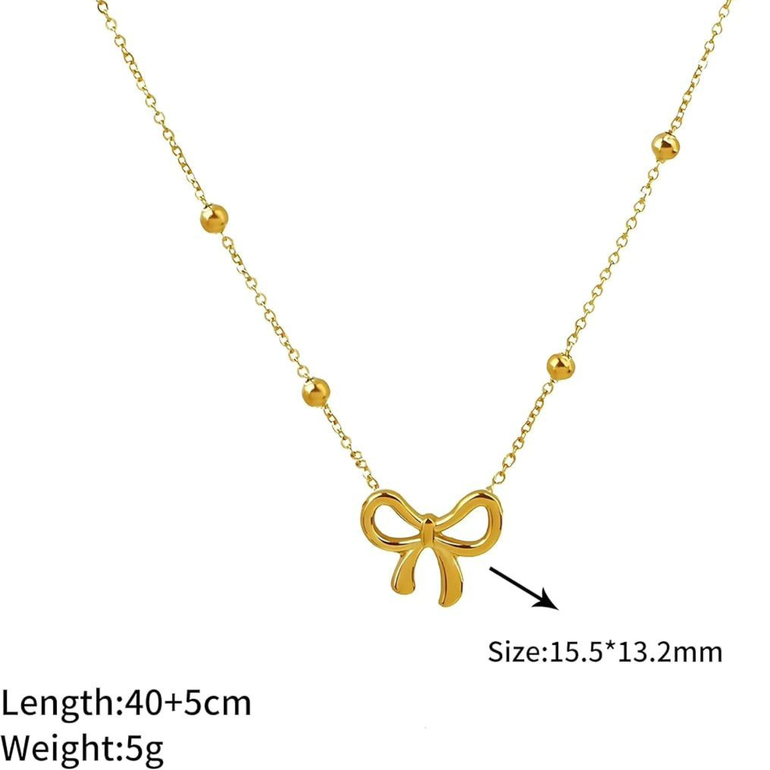 Trendy Hollow 18k Gold Plated Stainless Steel Bow Necklace with Beaded Chain - Image 3