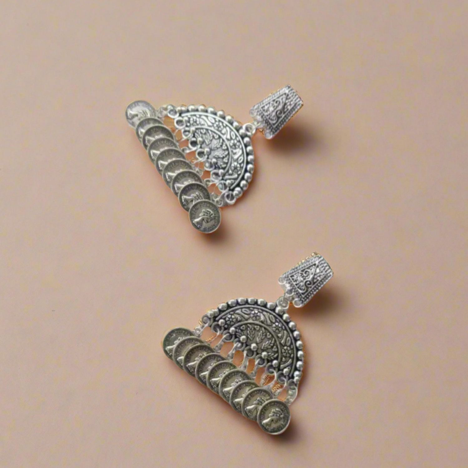 Rainvas Designer silver Oxidised Coin Earrings for women