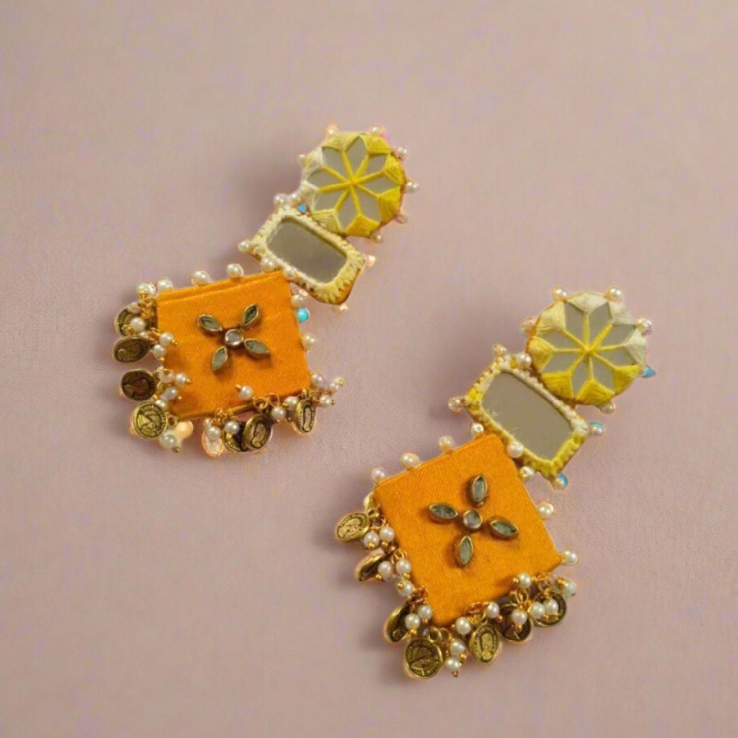 Rainvas Yellow mirror and coins fabric earrings for women