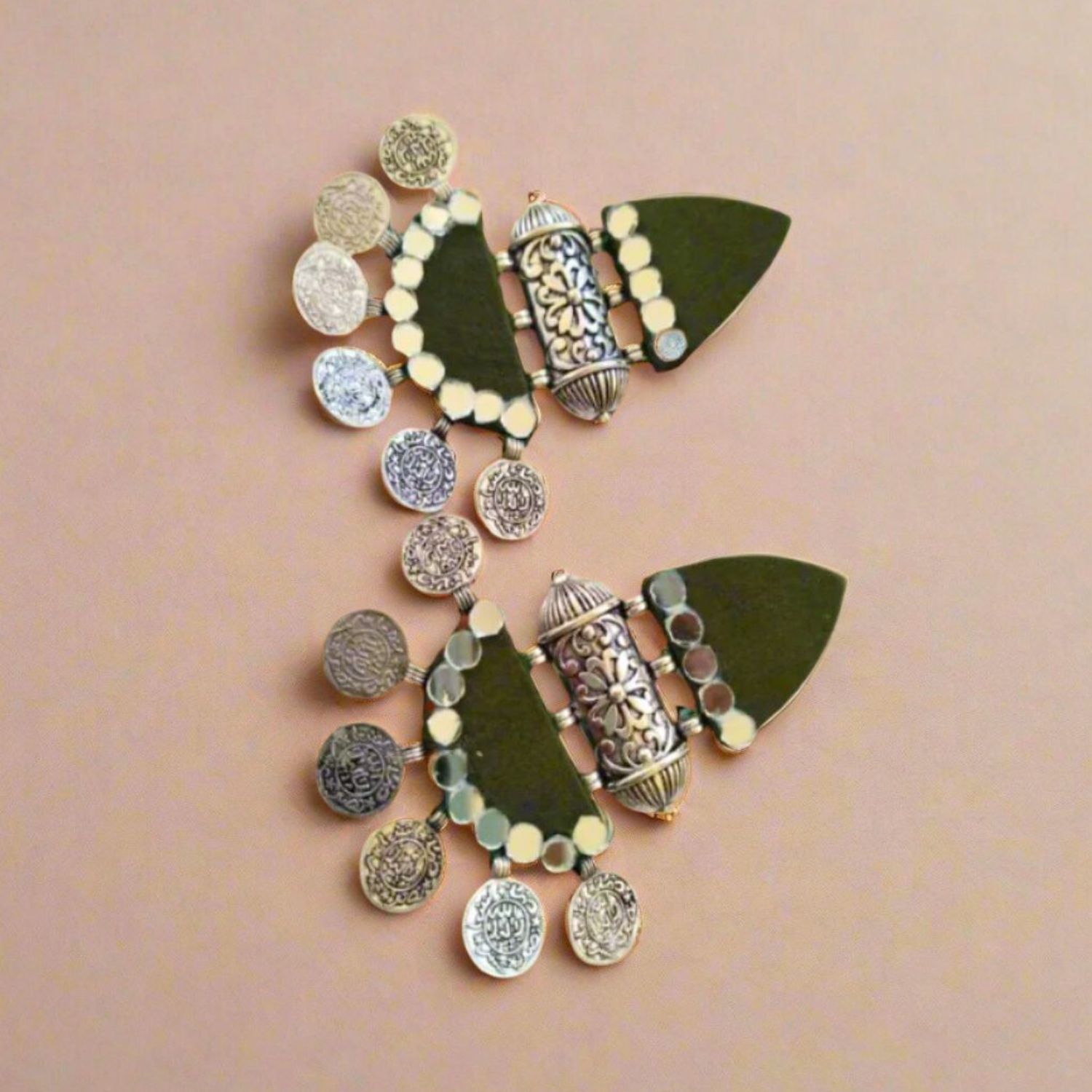 Rainvas Mehndi green beaded coins fabric jhumka